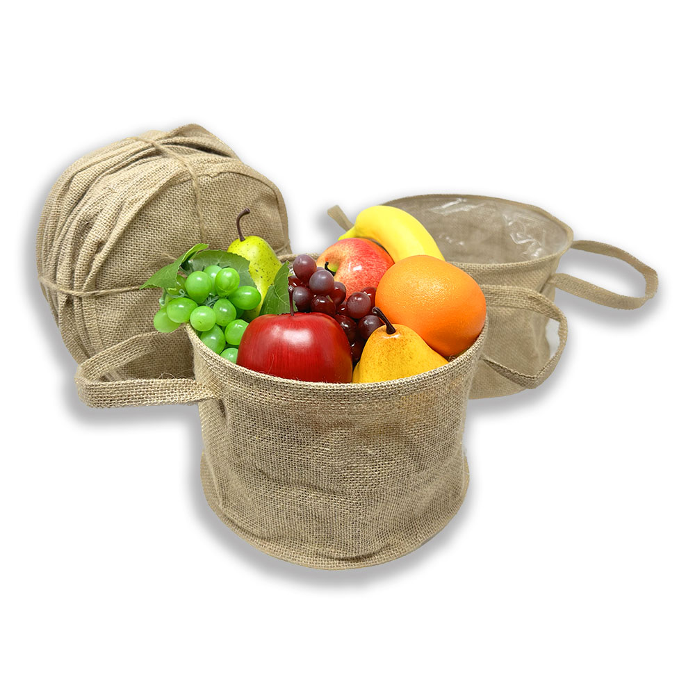 12 Pack - Natural Round Jute Handle Bag with Top Rim Wire - Med